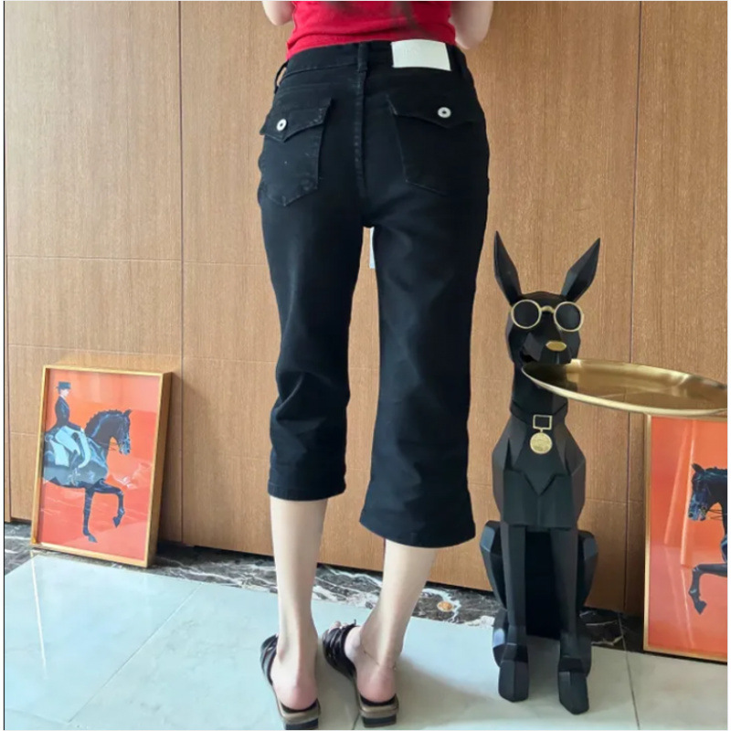 Solid Color Pocketed Slim-Fit Split Hem Cropped Denim Pants for Women, High-Waisted Stretchy Slimming Skinny Casual Pants