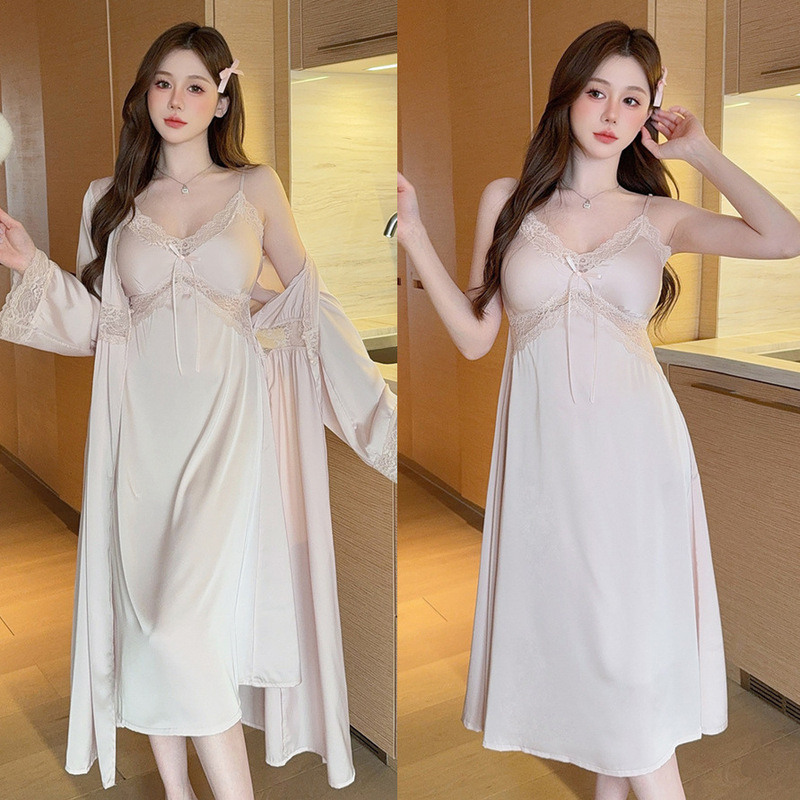 Tall Mid-Length Spring and Summer Sexy Suspender Breast Pad Nightgown Two-Piece Ice Silk Pajamas Robe for Women with Breast Pads