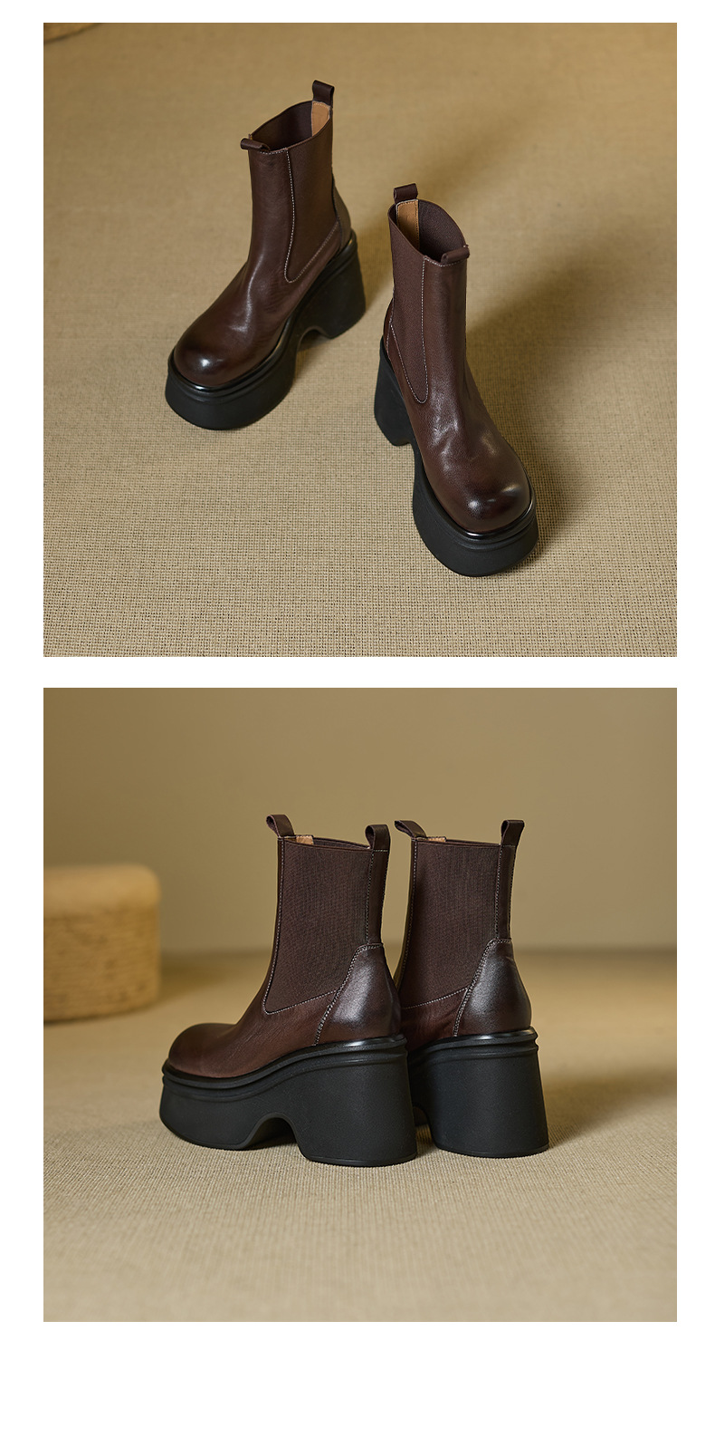 Boot Chelsea nữ da bò mũi tròn đế nêm siêu cao gót cổ ngắn mùa thu đông — Lớp lót nhung đen, đen, Lớp lót nhung màu nâu, nâu chi tiết 14
