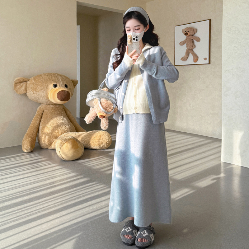孕妇装2025秋冬新款甜美韩版时尚假两件外套+托腹调节半身裙套装|undefined