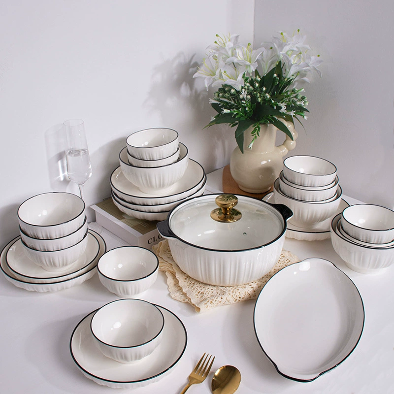 Ceramic Tableware Set, Step-by-Step Lotus Pattern, Multi-Size Bowls & Plates (4.5–8 inch)