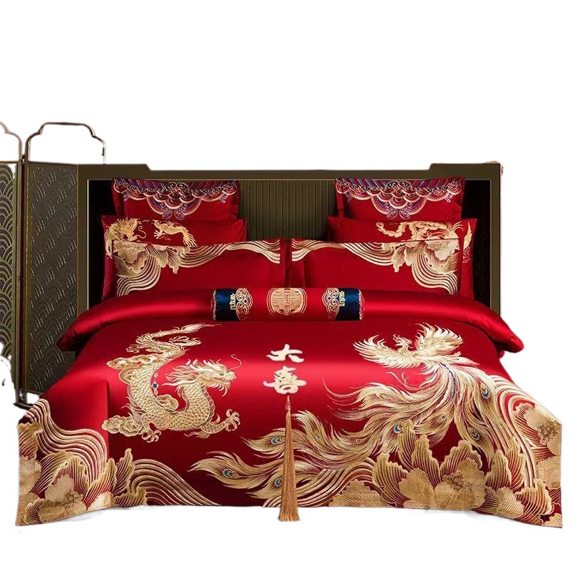 Cuatro piezas de boda china dragón-fénix bordado sábanas de boda rojas casa de boda colcha de cama image 5