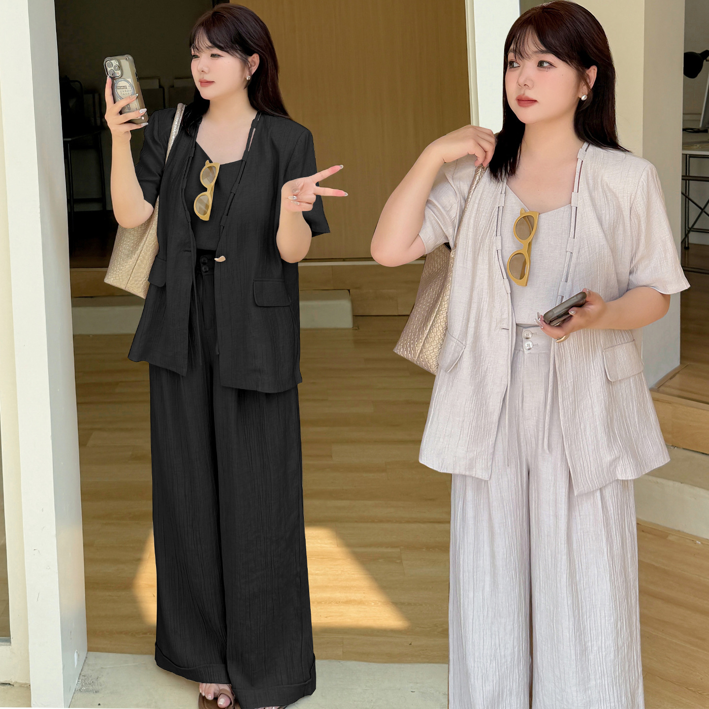7962轩辰女装夏新款胖MM气质风纯色慵懒风通勤短袖上衣休闲裤套装 7962轩辰女装夏新款胖MM气质风纯色慵懒风通勤短袖上衣休闲裤套装