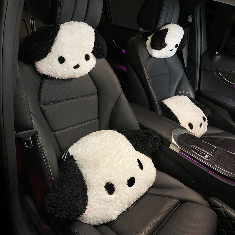 Cute black and white dog car headrest Cartoon creative plush comfortable waist car creative headrest neck pillow_autovado.com