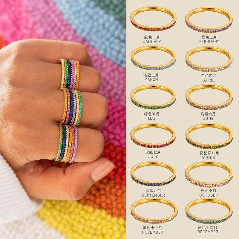 Cross-Border European and American Hot-Selling Stainless Steel Colorful Diamond-Encrusted Rings for Women, Light Luxury December Birthstone Versatile Rings Wholesale