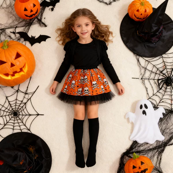 Cross-Border Halloween Girls' Tulle Skirt, Black and Purple Skull Print Tutu Skirt, Children's Day Cosplay Skirt