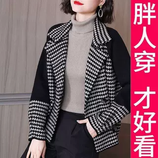 200斤呢休闲百搭外套女春装2026新款大码西装千鸟格子工装上衣