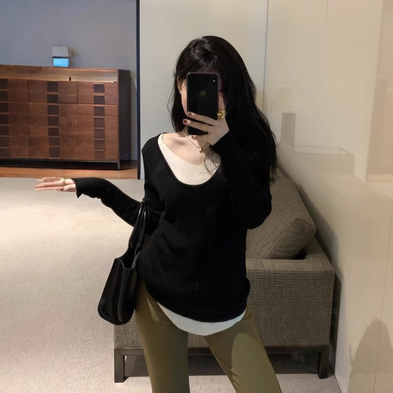 假两件拼接撞色针织衫女春秋设计感小众v领内搭打底衫长袖t恤上衣|undefined