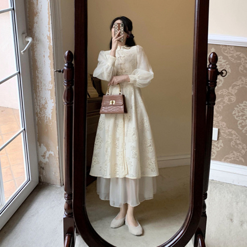 French-style modified cheongsam—lightweight, ethereal dress for young girls; a designer, niche, sophisticated two-piece skirt set.