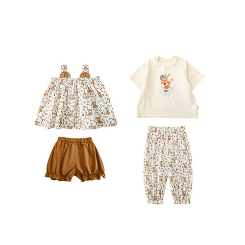 Qiu Duomeng Girls' Floral Camisole Top Shorts Set Summer Children's Cartoon Short-Sleeved T-Shirt Baby Pants