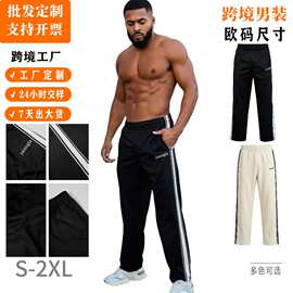跨境出口速卖通热销黑白织带拼接休闲长裤男健身运动裤直筒卫裤
