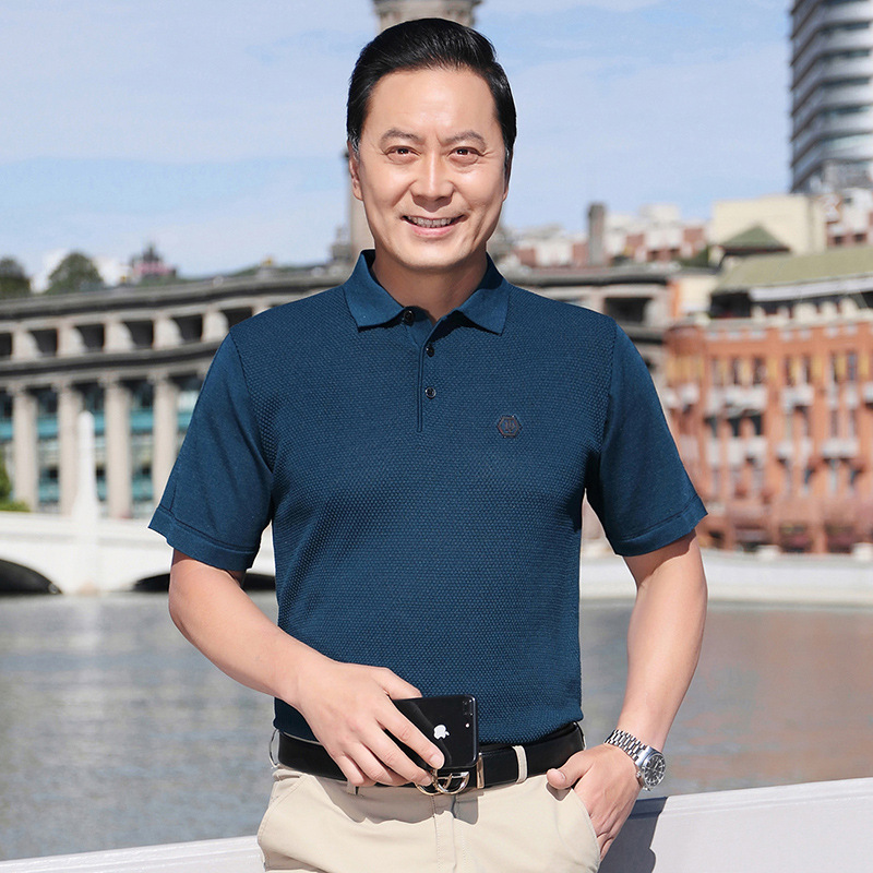 Camiseta de manga corta de seda de hielo de verano de papá camiseta de solapa de hombre de mediana edad suelta camisa de fondo de hombre de mediana edad y anciano