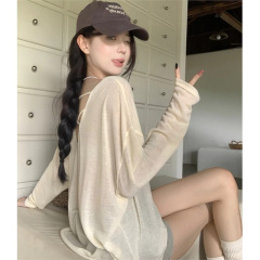 美背の薄い糸の長袖の日焼け止めのブラウスのtシャツの女性の2025新型の夏の怠惰な薄いタイプのゆったりしている中の長い上着