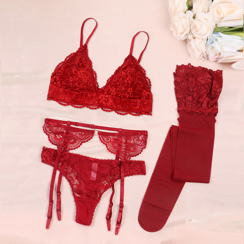 Cross-border sexy lace red bra suit thin small chest gathered without steel ring garter belt underwear four-piece set for women