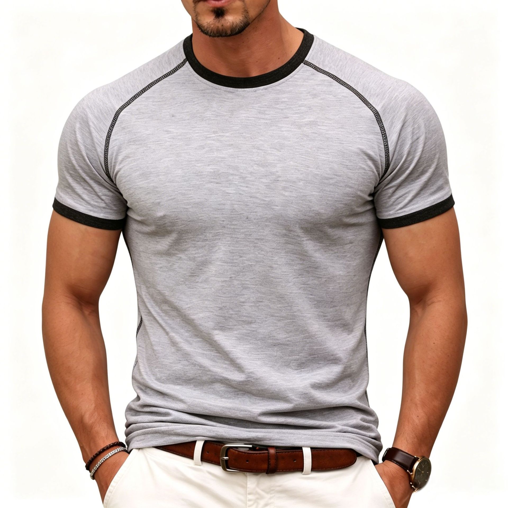 Camisetas de manga corta para hombres de Código Europeo transfronterizo entrenamiento de fitness deportivo de algodón humano línea clara contra el color camisetas masculinas vendidas rápidamente image 7
