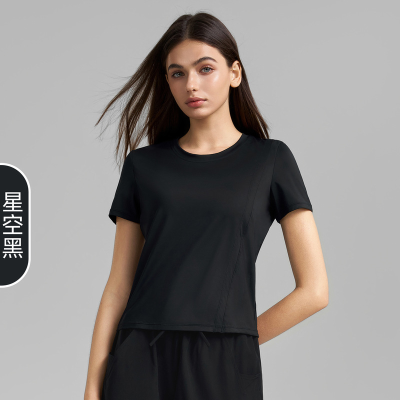2025春夏新作スポーツTシャツ レディース 丸首 無地 ゆったり ヨガ 半袖 パッチワーク 通気性メッシュ フィットネスウェア|undefined