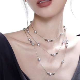 High-End Gray Pearl Necklace, Long Style, Multiple Ways to Wear, Sweater Chain, Niche Design, Accessible Luxury Clavicle Chain Necklace