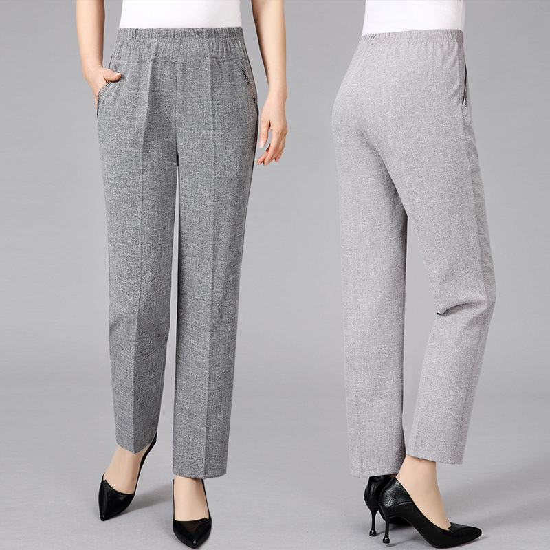 Mother's Pants Summer Thin Cotton and Linen Women's Pants Loose Straight White Cropped Casual Middle-aged Middle-aged and Elderly Trousers