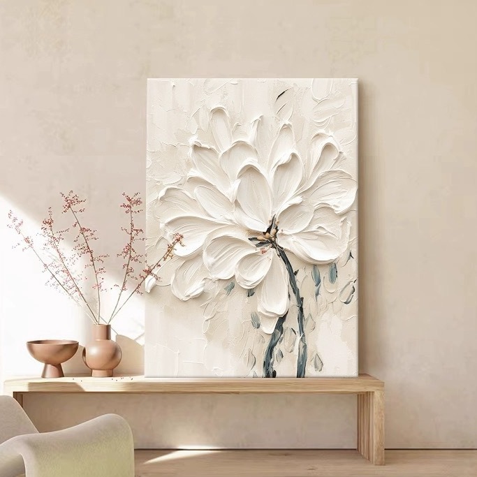 Living Room Decorative Painting Cream Style Abstract Pure Hand-Painted White Flower Stereo Texture Painting Entrance Hanging Painting Oil Painting
