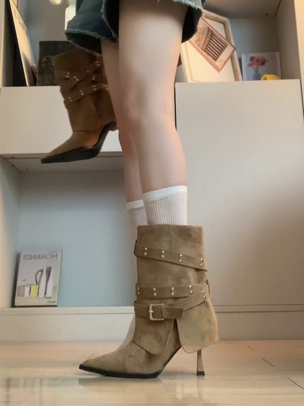 French High-End Pointed Toe Stiletto Boots with Rivet Design and Belt Buckle Women's Fashion Boots