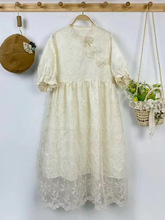92422夏季女装新款韩版欧根纱刺绣蝴蝶结圆领套头短袖连衣裙长裙