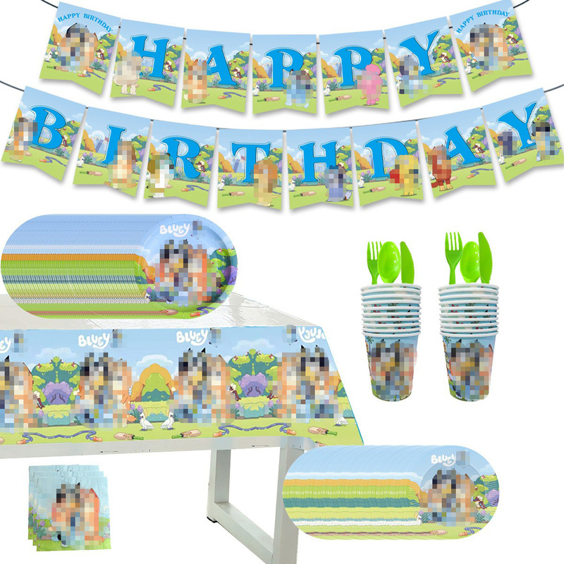 In-Stock Blue Bluey Tableware Set for Birthday Events and Parties, Disposable Paper Plates, Paper Cups, Banners, Cake Toppers In-Stock Blue Bluey Tableware Set for Birthday Events and Parties, Disposable Paper Plates, Paper Cups, Banners, Cake Toppers