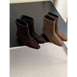 羊皮版~韩版绒面方头短靴新款坡跟显瘦显腿长瘦瘦靴宽筒切尔西靴