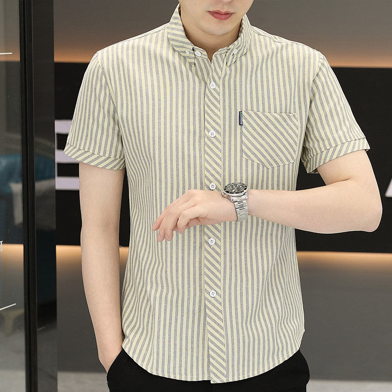 Summer men's short-sleeved shirt business casual youth handsome striped shirt Korean-style slim-fit pocket top clothes fashion