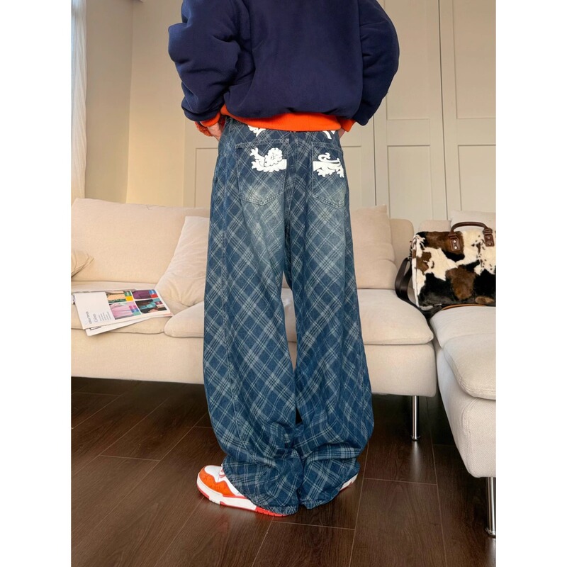 Diamond Pattern Printed Jeans, Wide-Leg Straight Loose Fit, Adjustable Waistband, Trendy Brand Straight-Leg Jeans for Men and Women Diamond Pattern Printed Jeans, Wide-Leg Straight Loose Fit, Adjustable Waistband, Trendy Brand Straight-Leg Jeans for Men and Women