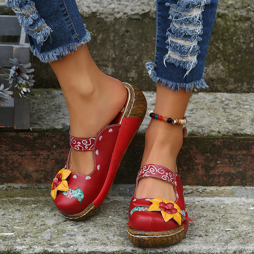 Shoes Summer Slippers with Ethnic Flower Handmade Thick Sole Retro Women's Sandals