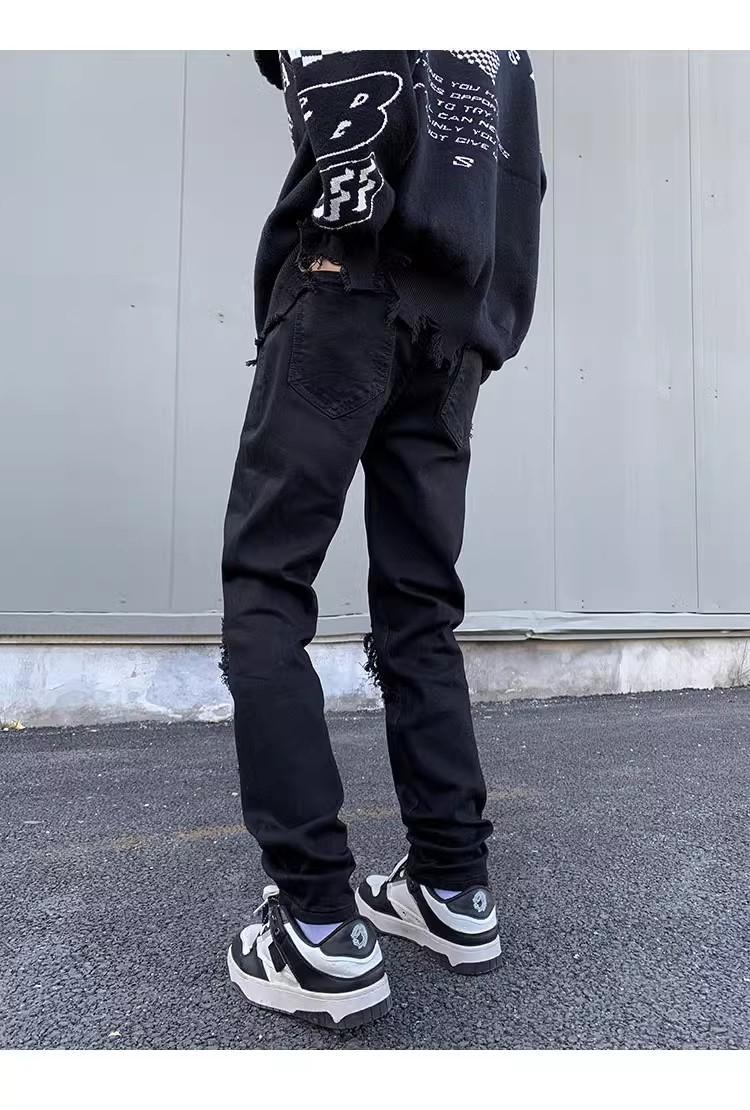 2025 Spring And Autumn Versatile Fashion Black Distressed Design Jeans Washed Wear-resistant Youth Long Pants Men's Cool_mkmklike.com