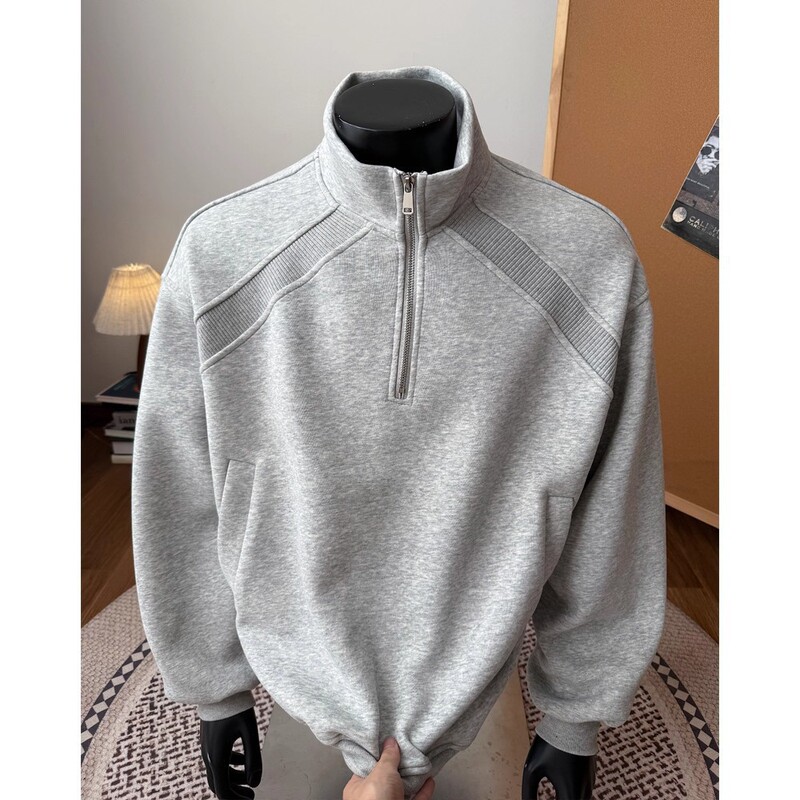 New Threaded Splicing Half-Zip Sweatshirt Men's Autum Cleanfit American Retro Heavy Weight Stand-Up Collar Sports Jacket