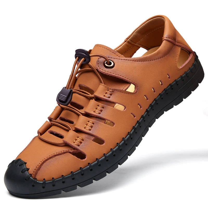 Men's summer genuine leather sandals, non‑slip soft sole, breathable cutouts — sizes EU 38–47