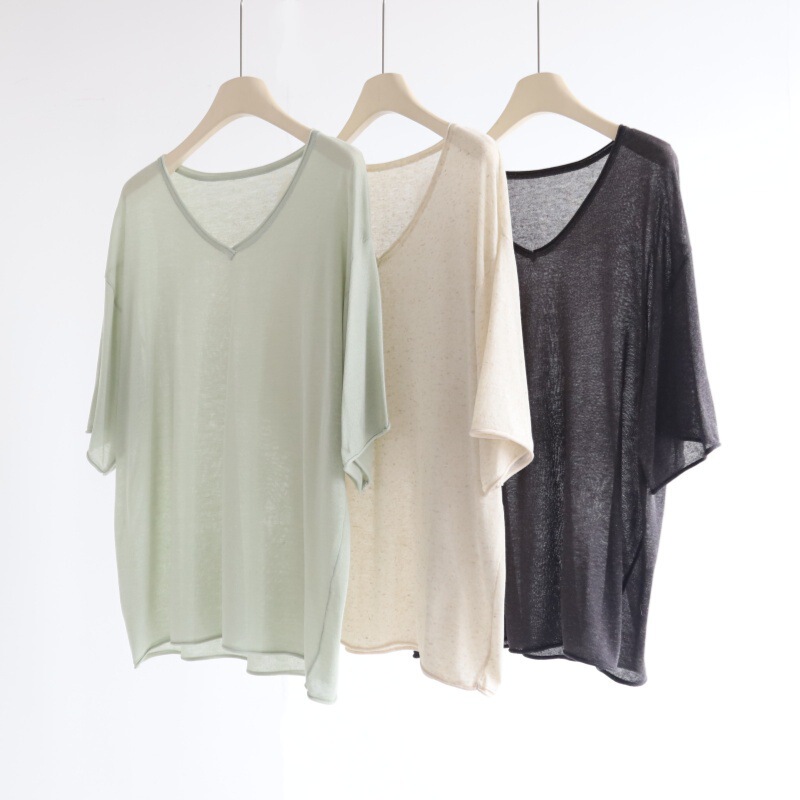 Casual and Relaxed Summer New Style Tencel Linen Rolled-Edge Drop-Shoulder V-Neck Loose Short-Sleeve Knit Top Casual and Relaxed Summer New Style Tencel Linen Rolled-Edge Drop-Shoulder V-Neck Loose Short-Sleeve Knit Top