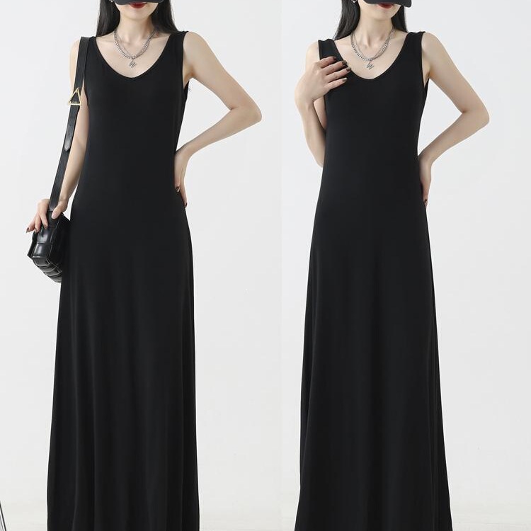 Extra-Long Drapey Modal Dress for Women, Black Casual Loose-Fitting Long Skirt, A-Line Inner Tank Top Long Dress