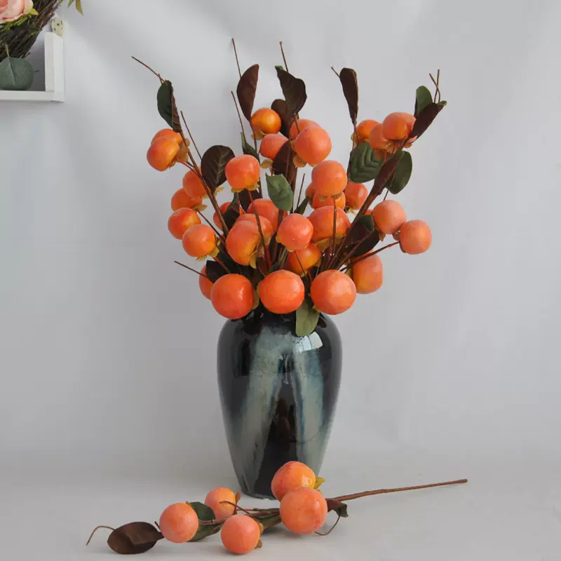 仿真水果柿子人造假花仿真绿植花盆栽家居装饰仿真绿植果子柿子枝