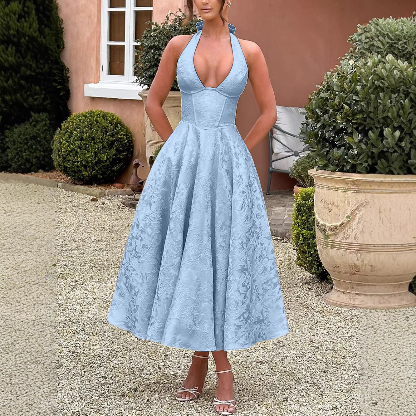European And American Cross-Border V-Neck Halter Jacquard High-End Evening Spring Summer Elegant Sleeveless Backless_voghion.com