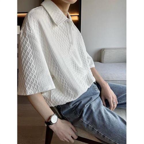 Khaki Heavyweight Check Polo Shirt Men's Sophisticated British Charming Males Short Sleeve Summer Five-Button Shirt