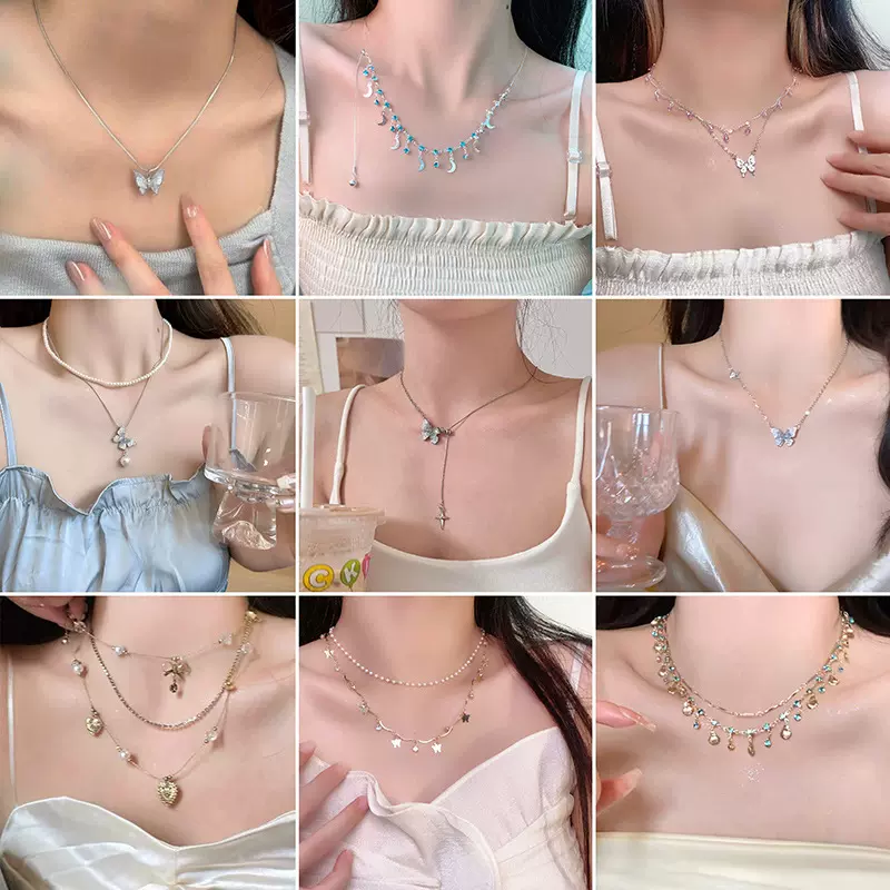 复古双层叠戴蝴蝶项链女ins百搭高级感颈链轻奢小众时尚锁骨链夏