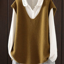 日系坎肩针织衫马甲女秋冬宽松叠穿复古v领外搭毛衣上衣跨境批发