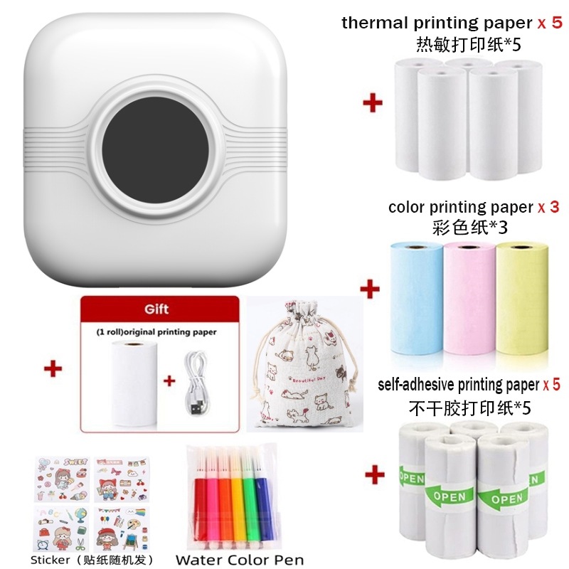 A33 화이트 - 영문판 [감열지 1롤 + 감열지 5롤 + 라벨지 5롤 + 컬러 용지 3롤 + 수성펜 6개 + 스티커 + 더스트백]