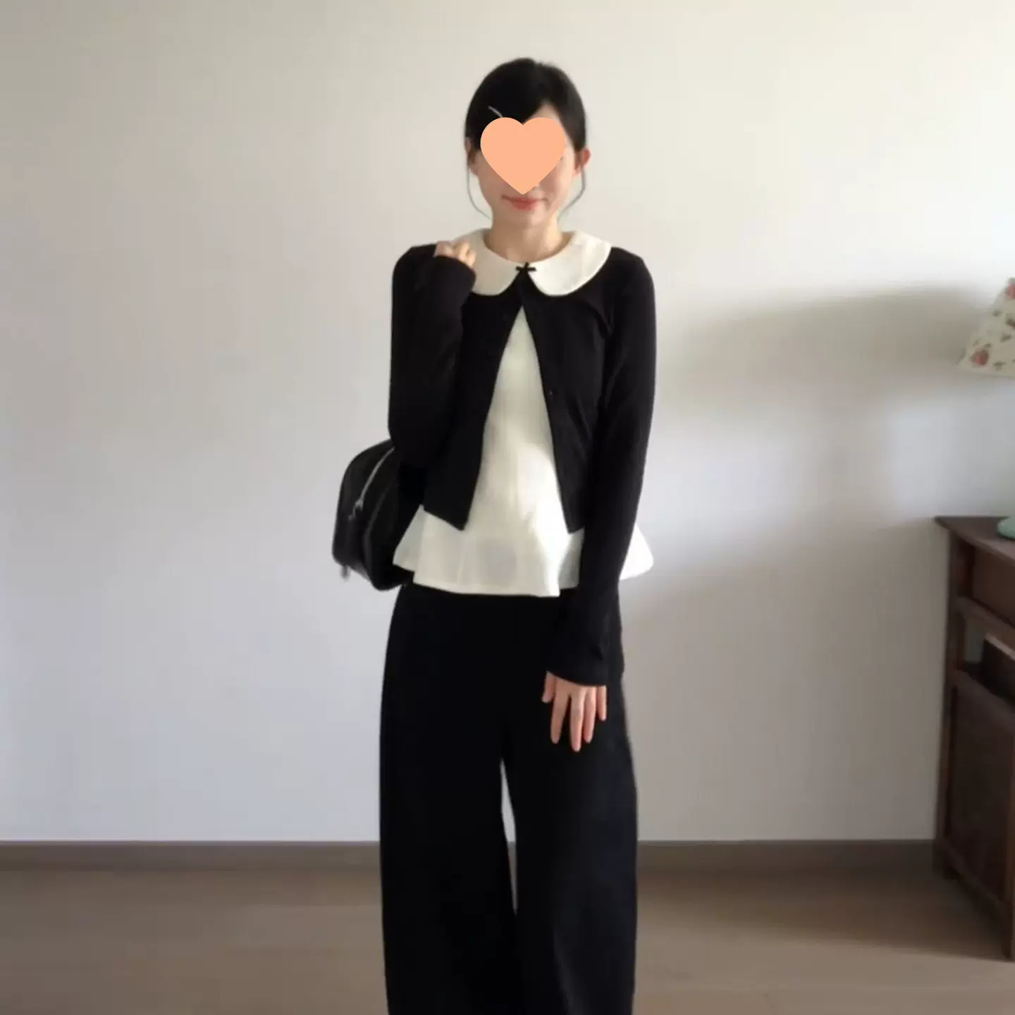 甜美风套装长袖开衫外套女娃娃领背心秋季黑色阔腿裤miu系三件套