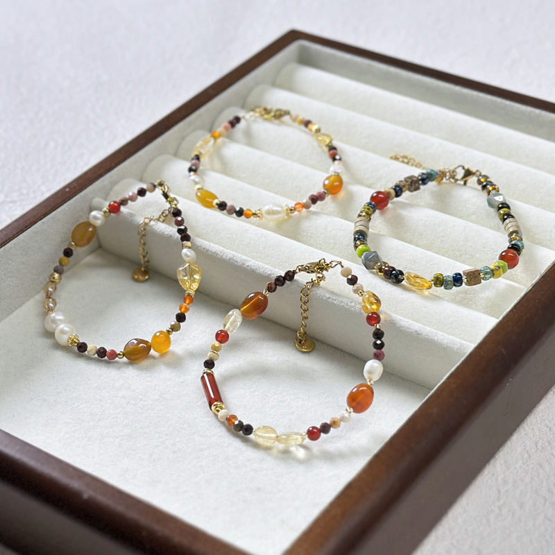 New Chinese Style Vintage Natural Stone Freshwater Pearl Crystal Titanium Steel Bracelet Handmade Beaded Agate Dopamine Bracelet