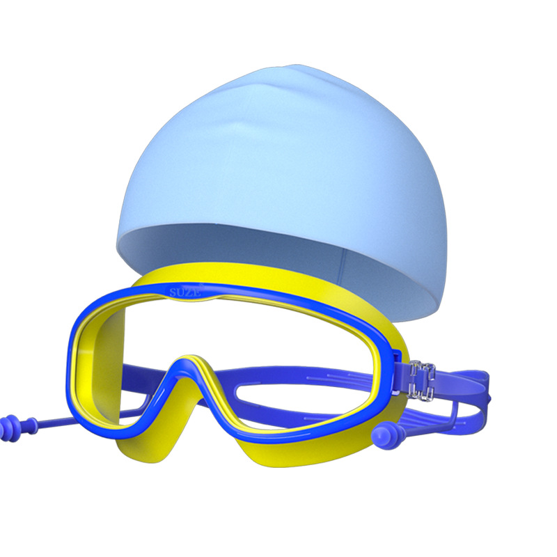 5~16세 어린이 모델 - 파란색과 노란색 투명 수영 고글 + 하늘색 수영 모자 + 가방