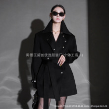 极简chic翻领金属扣黑色中长款双面羊绒大衣女款秋冬新款风衣外套