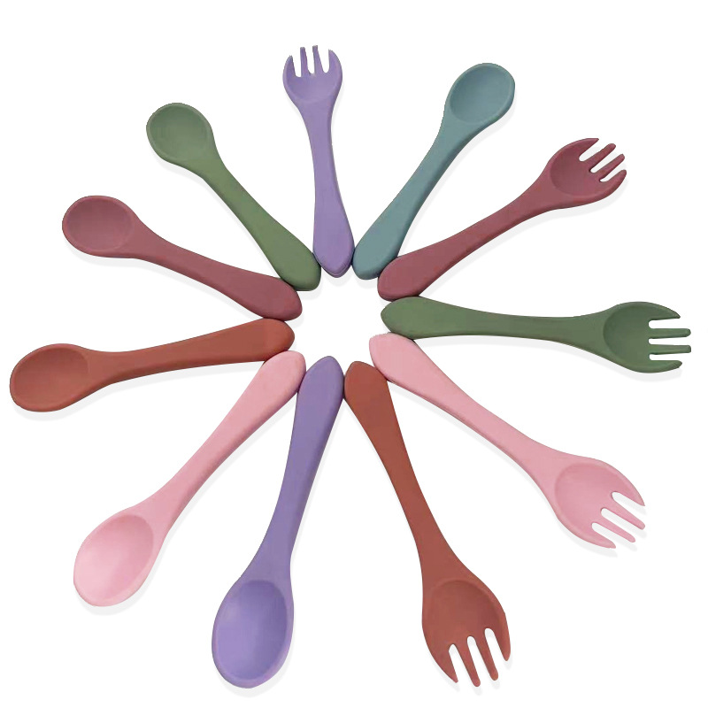 Silicone Tableware Spoon Kidsren's Soft Spoon Food-Grade Baby Eating Training Complementary Food Baby Fork and Spoon Mother and Baby Set