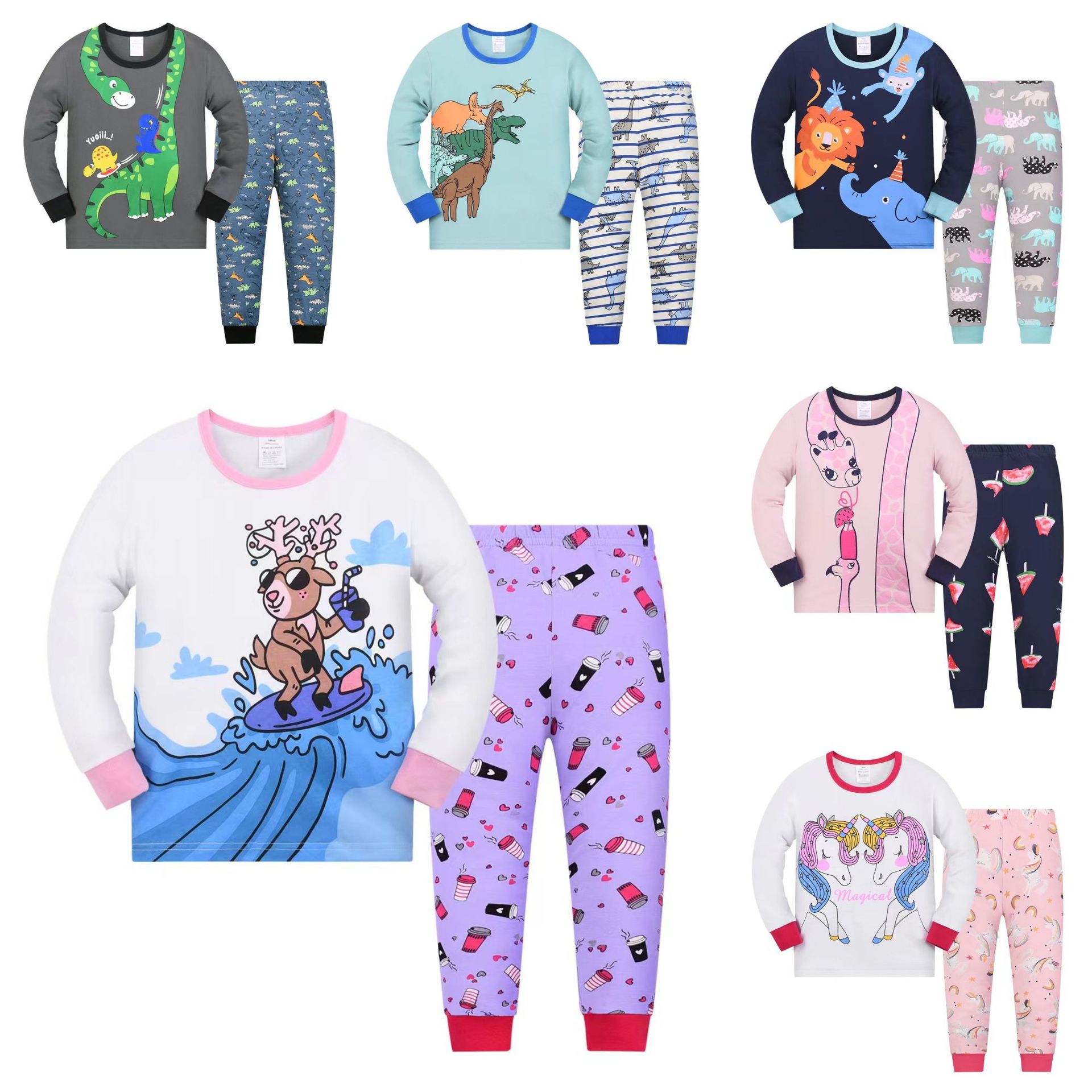 2024 otoño y invierno nuevo comercio exterior conjunto de ropa de casa para niños estilo europeo y americano impresión de dibujos animados niños pijamas de cuello redondo delgados