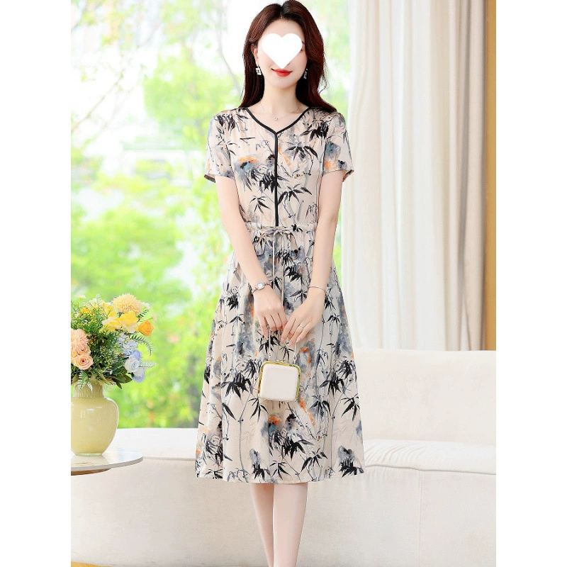 Ханчжоуское шелковое платье с принтом, новое летнее платье средней длины, элегантная талия, утягивающая классическая шелковая юбка из шелковицы