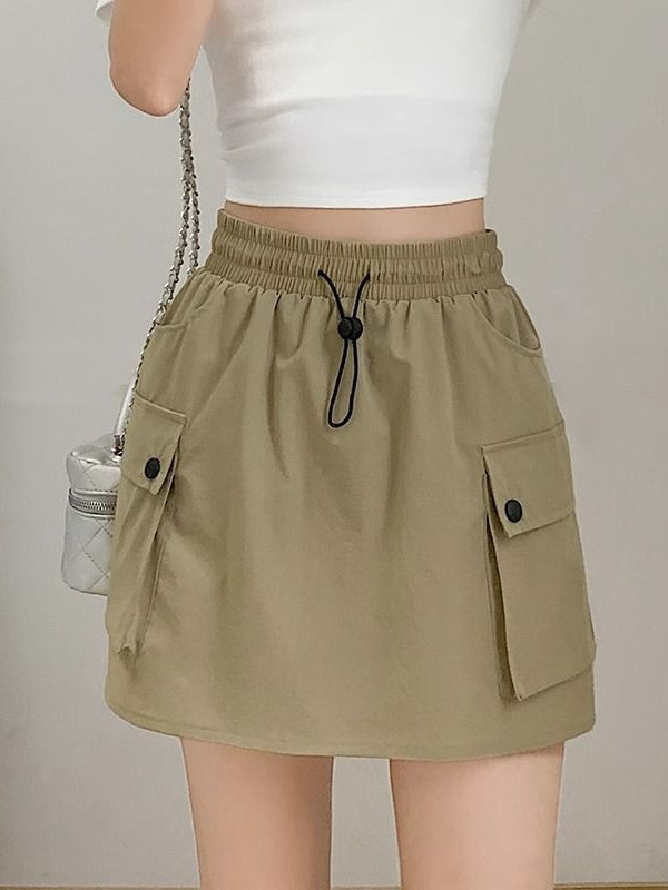 ヨーロッパとアメリカのストリートホットガール巾着弾性ウエスト作業服スカートレトロ夏痩身カレッジスタイルヒップカバーミディスカート|undefined