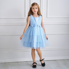 歐美亞馬遜兒童禮服裙女蝴蝶結公主裙洋氣網紗表演連衣裙禮服春夏